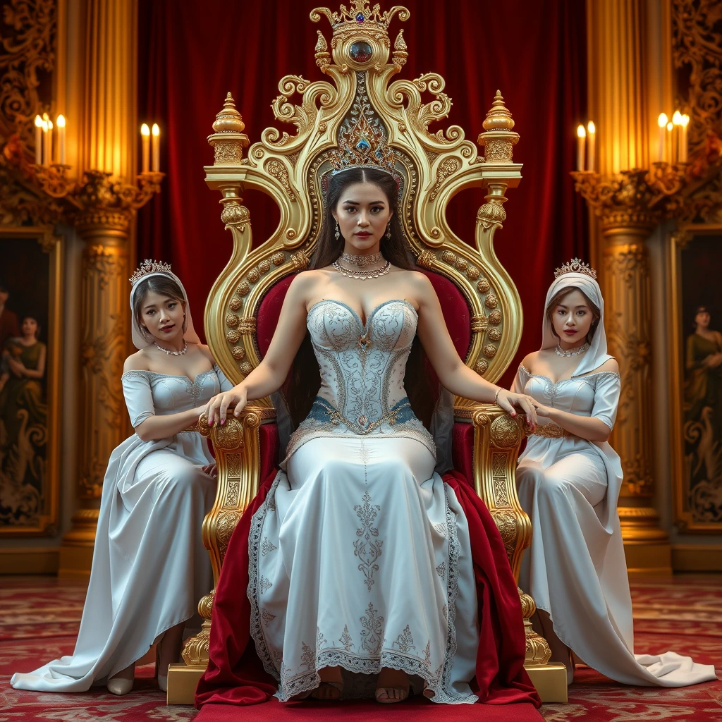 The voluptuous and sensual beautiful queen sits on a luxurious and exquisite throne, which is being carried forward by four palace maids. - Image