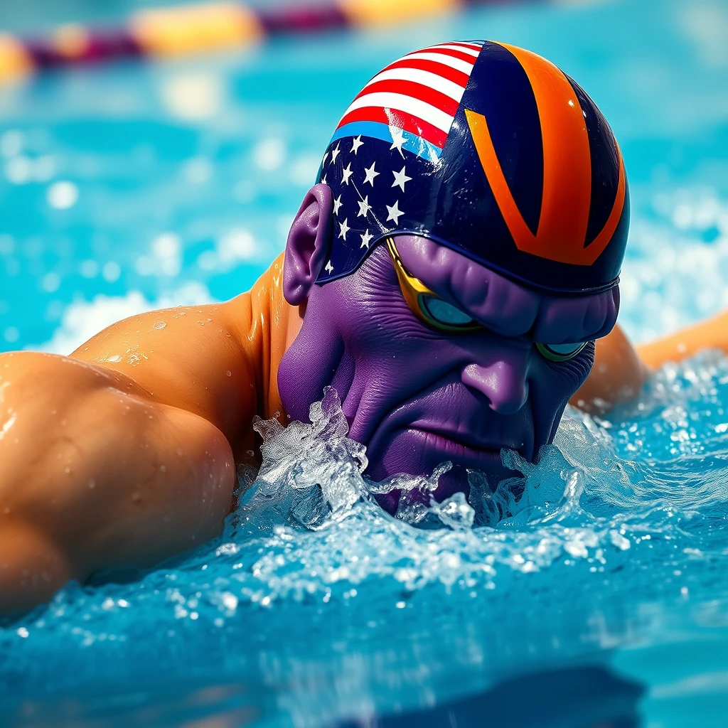 "A Thanos with a purple head is swimming in a competition, wearing a swimming cap with the American flag, in a realistic style, swimming action, panoramic photo."