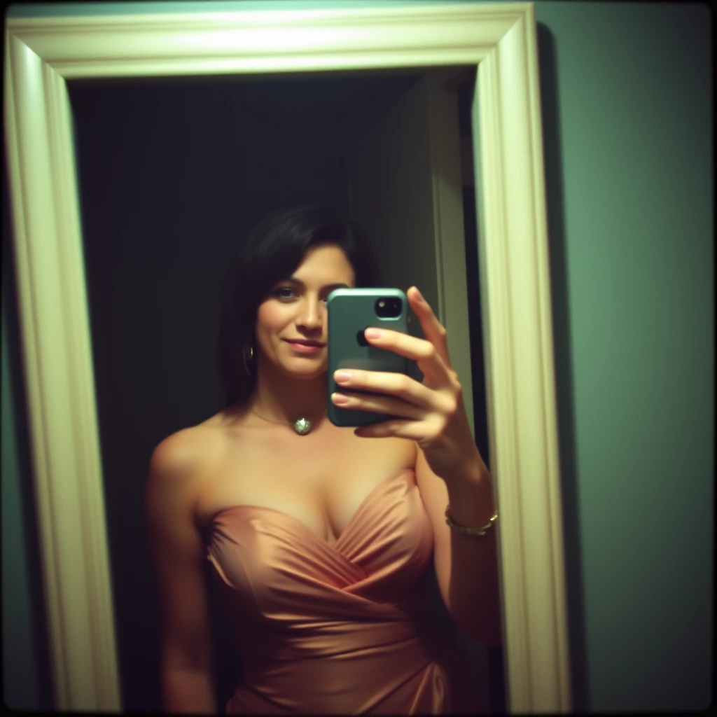 Phone photo: A woman in a gown stands in front of a mirror capturing a selfie. The image quality is grainy, with a slight blur softening the details. The lighting is dim, casting shadows that obscure her features. Her expression is casual while the old iPhone struggles to focus, giving the photo an authentic, unpolished feel. The mirror shows smudges and fingerprints, adding to the raw, everyday atmosphere of the scene. - Image