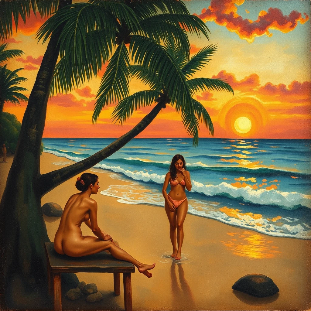 An old oil painting in the style of Gauguin with bathing women, beach, sea, sunset, palms.