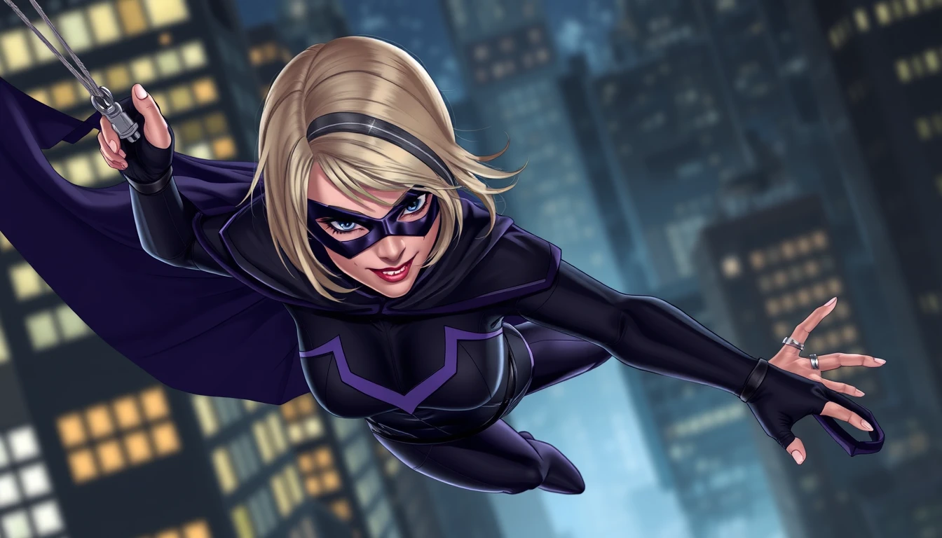 A blond female with a grey streak in her hair, wearing black and very dark purple spandex and a short black cape, along with a purple mask with a black outline, is swinging through the city at night.