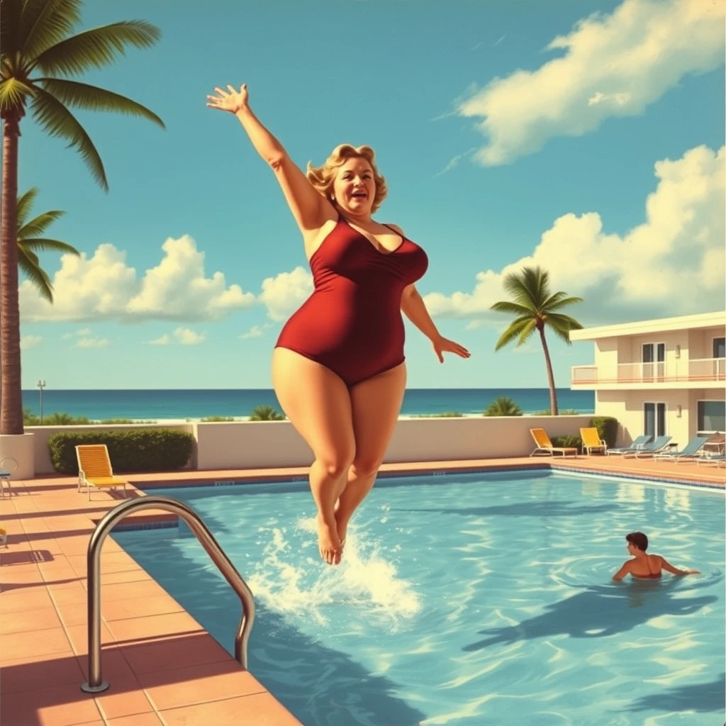 A Miami Beach postcard featuring a fat woman in a one-piece swimsuit, doing a cannonball into a motel swimming pool, from 1956, as painted by Arthur Sarnoff, wide, landscape view.