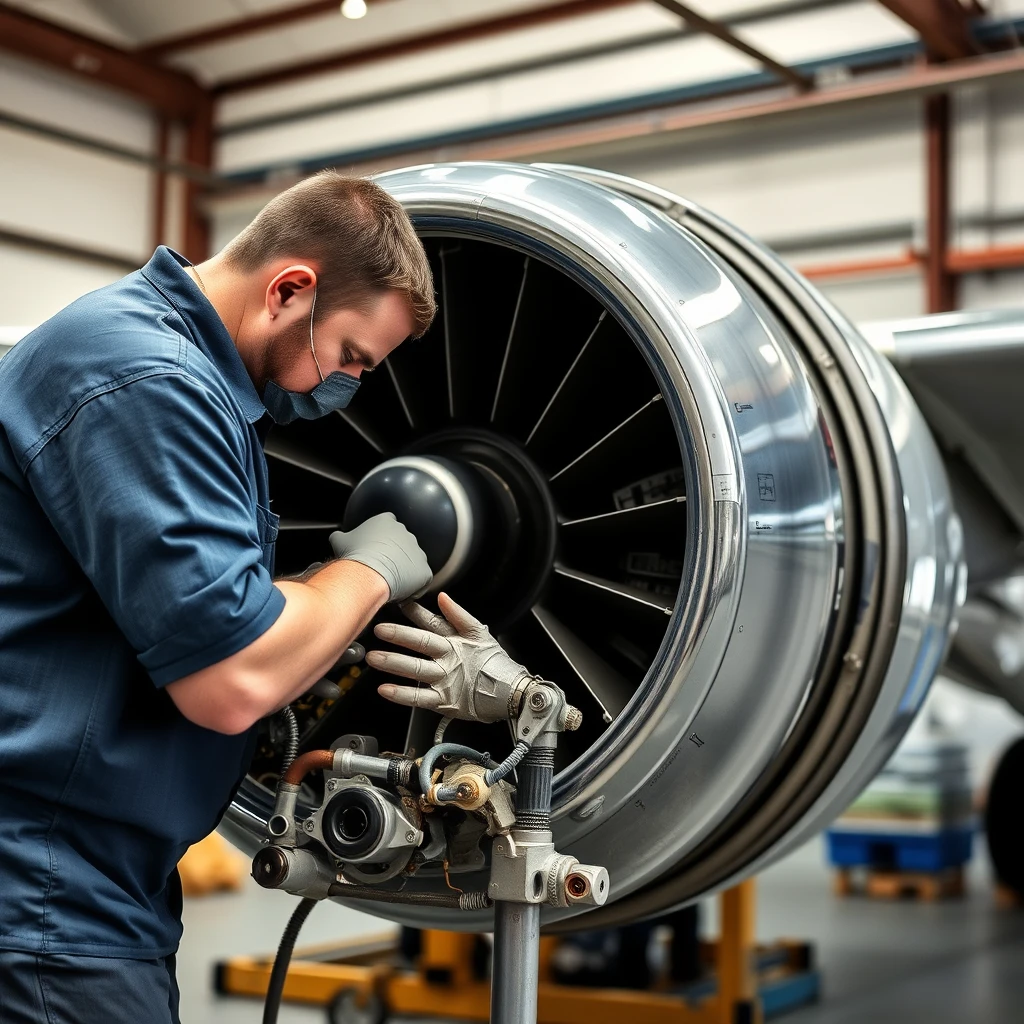 Technician repairing the airplane engine