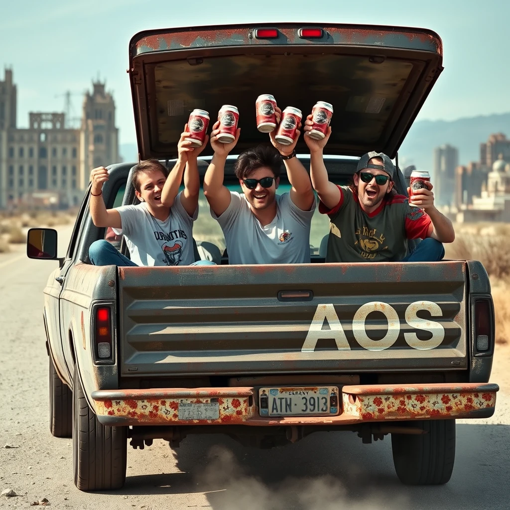 A visually intoxicated bunch of morons riding in the trunk of a pickup truck toasting with beer cans. The truck drives through an abandoned city, is very rusty, and has the letters "AOS" printed on the side.