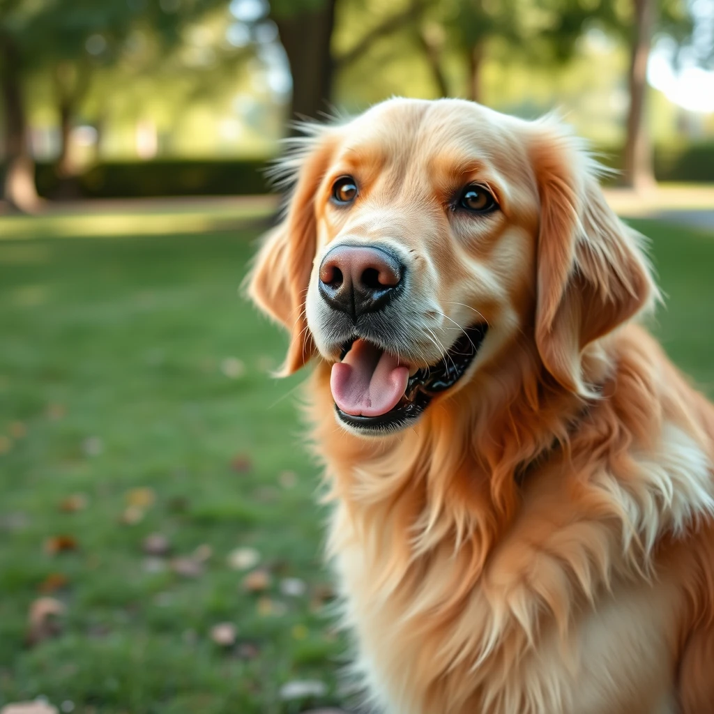 "A very cute and healing golden retriever (the golden retriever must be very realistic, with visible fur) is smiling and looking at me, and the environment next to him is a park."