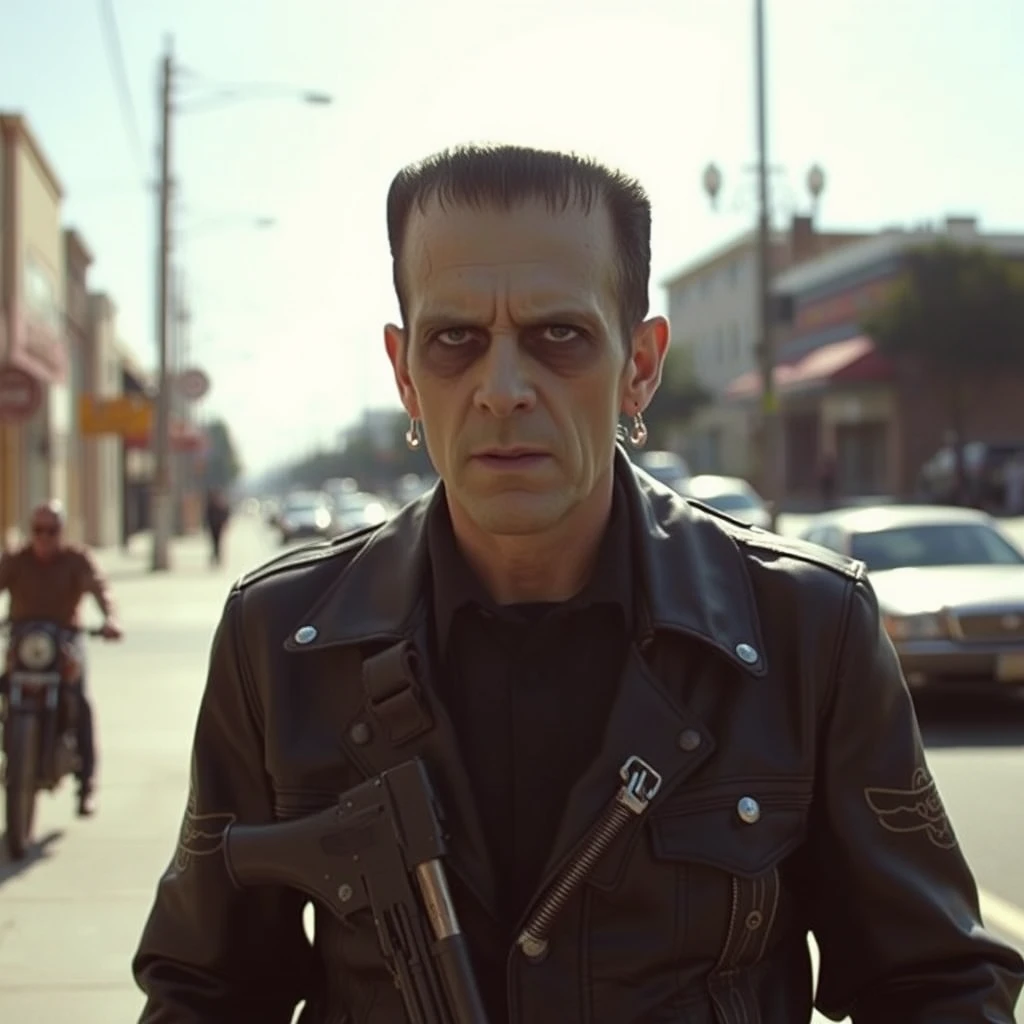 Boris Karloff as Frankenstein the Hells Angels biker, walks down the sidewalk, dressed in leather, wearing a cowboy pistol rig, the noonday sun is bright, photo-realistic, leering, aggressive, 4k.