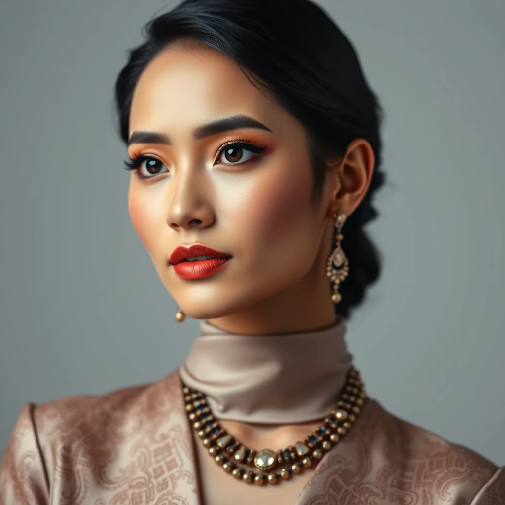 "Create an image of a beautiful Indonesian woman with fair skin. She should be portrayed in an elegant and tasteful manner, reflecting both beauty and confidence. Her attire should be stylish and sophisticated, highlighting her grace and poise. Ensure that the image is respectful and artistic, with a focus on showcasing her features and attire in a refined way. 8K HD" - Image