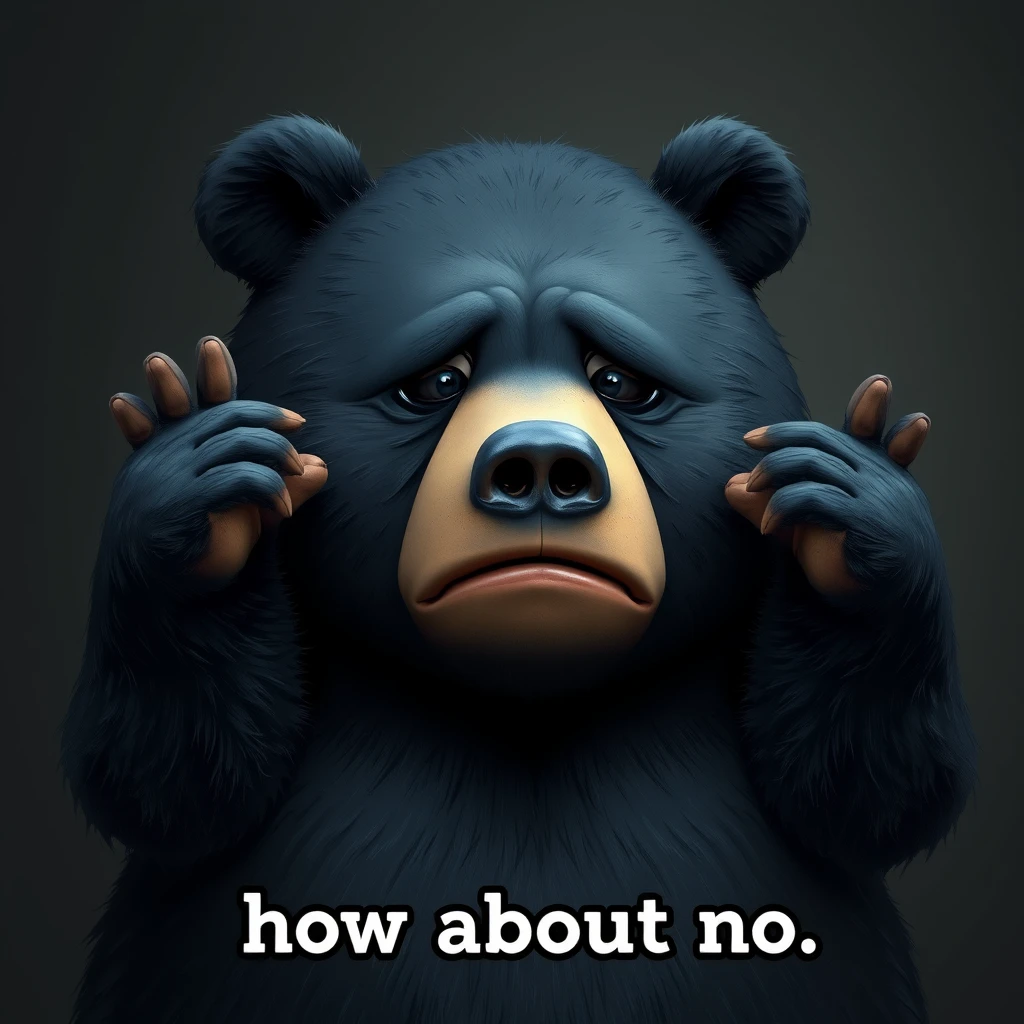 Photorealistic, fat black bear holding his paws out with concern on his face with text below saying "how about no". - Image