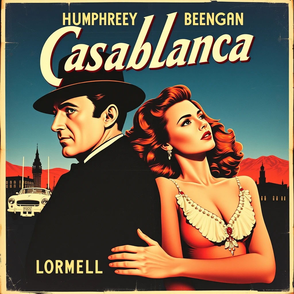 A vintage movie poster for the film Casablanca starring Humphrey Bogart and Ingrid Bergman.