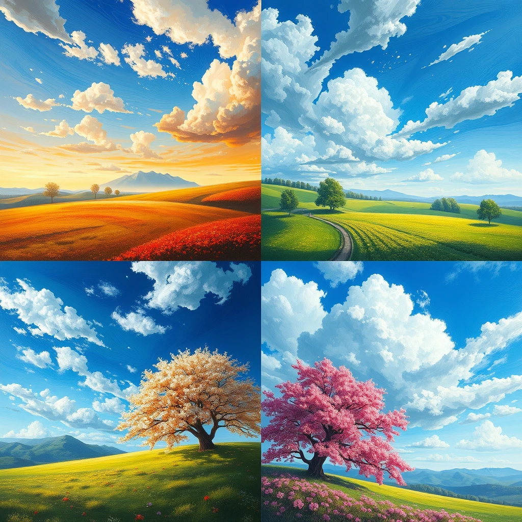 A [landscape] painting depicting the four seasons in a multi-layered size style, with a realistic color scheme and detailed nature depiction. The sky is impressive and the piece is designed to be viewed on multiple screens. Four colors are used to represent the four seasons, with a nature core