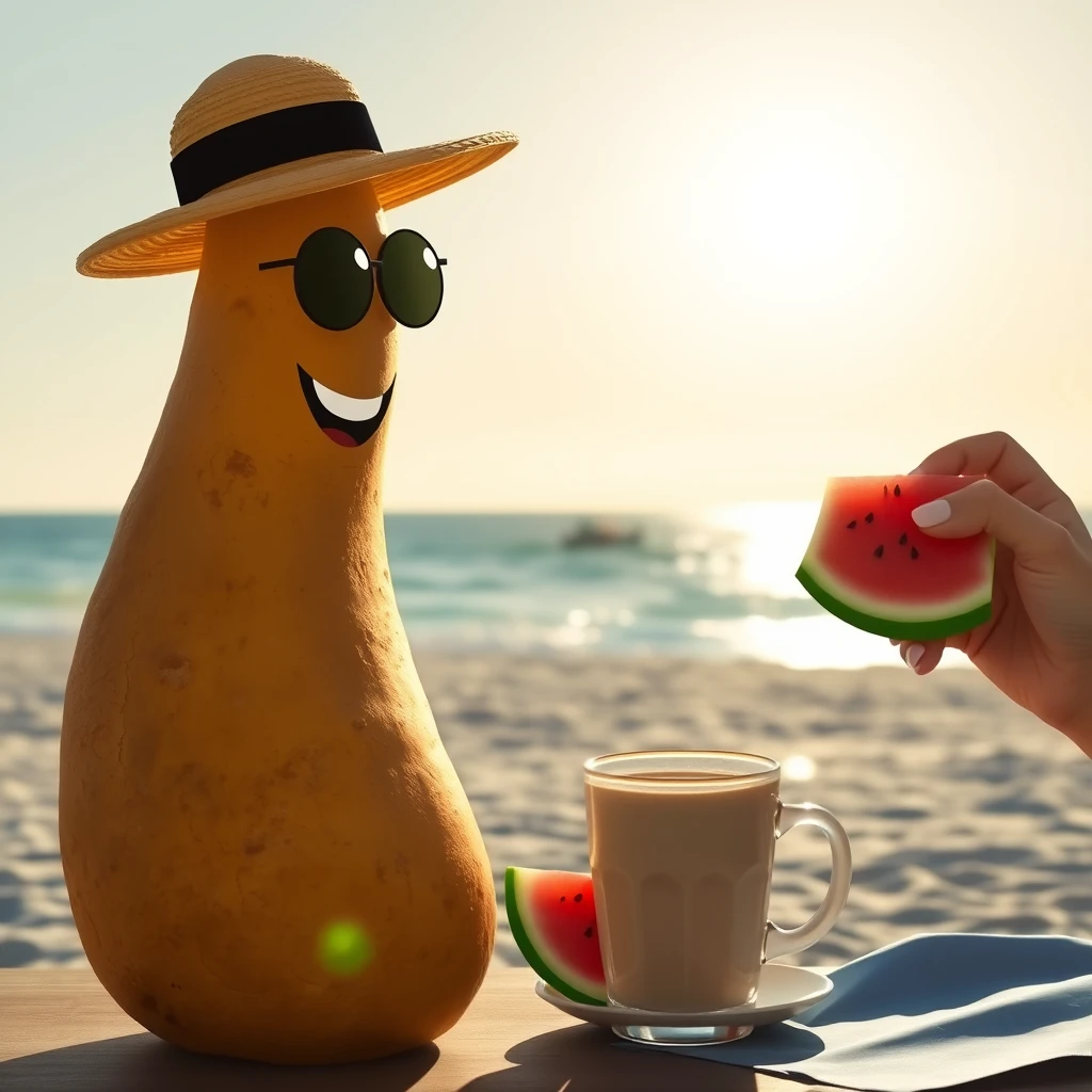 A potato having sun at the beach while eating some watermelon and drinking coffee.