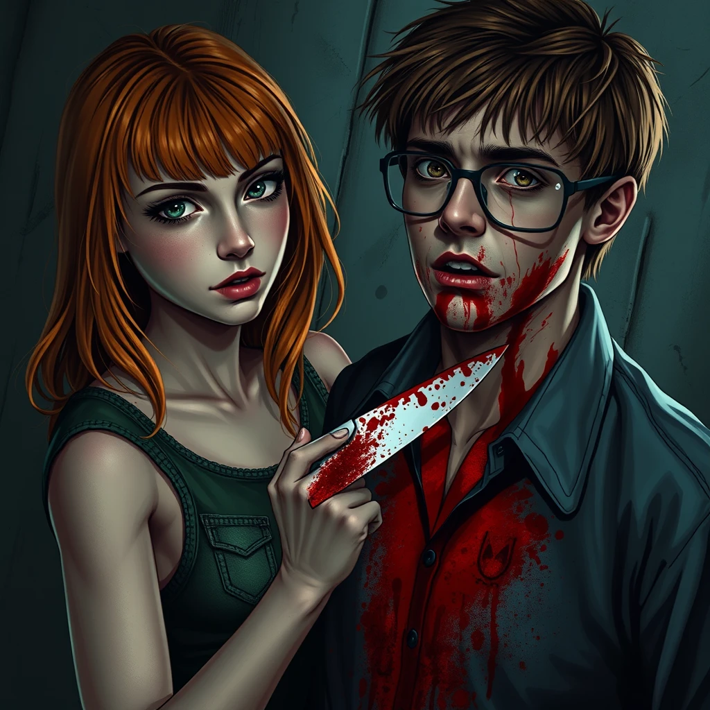 A horror scene; a short skinny teenage girl with long ginger hair and bangs, green eyes, and big breasts is using a knife to cut a tall young Italian white guy who is wearing glasses, and he is covered in blood.