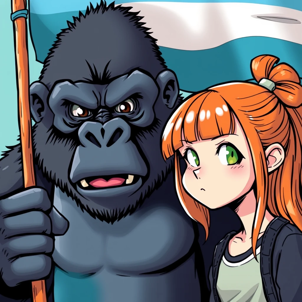 Fierce gorilla holding a three-striped flag in light blue, white, and light blue colors next to a cute ginger-haired teenage girl with green eyes and bangs in comic style.