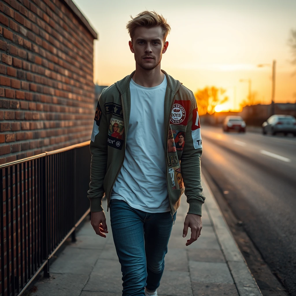 Jamie Dornan head and body shot, handsome, young, serious face, white T-shirt, collaged jacket, skinny jeans, sneakers, walking hot style, near road, hyper-realistic, street photography, brick wall, full body photo, sunrise.