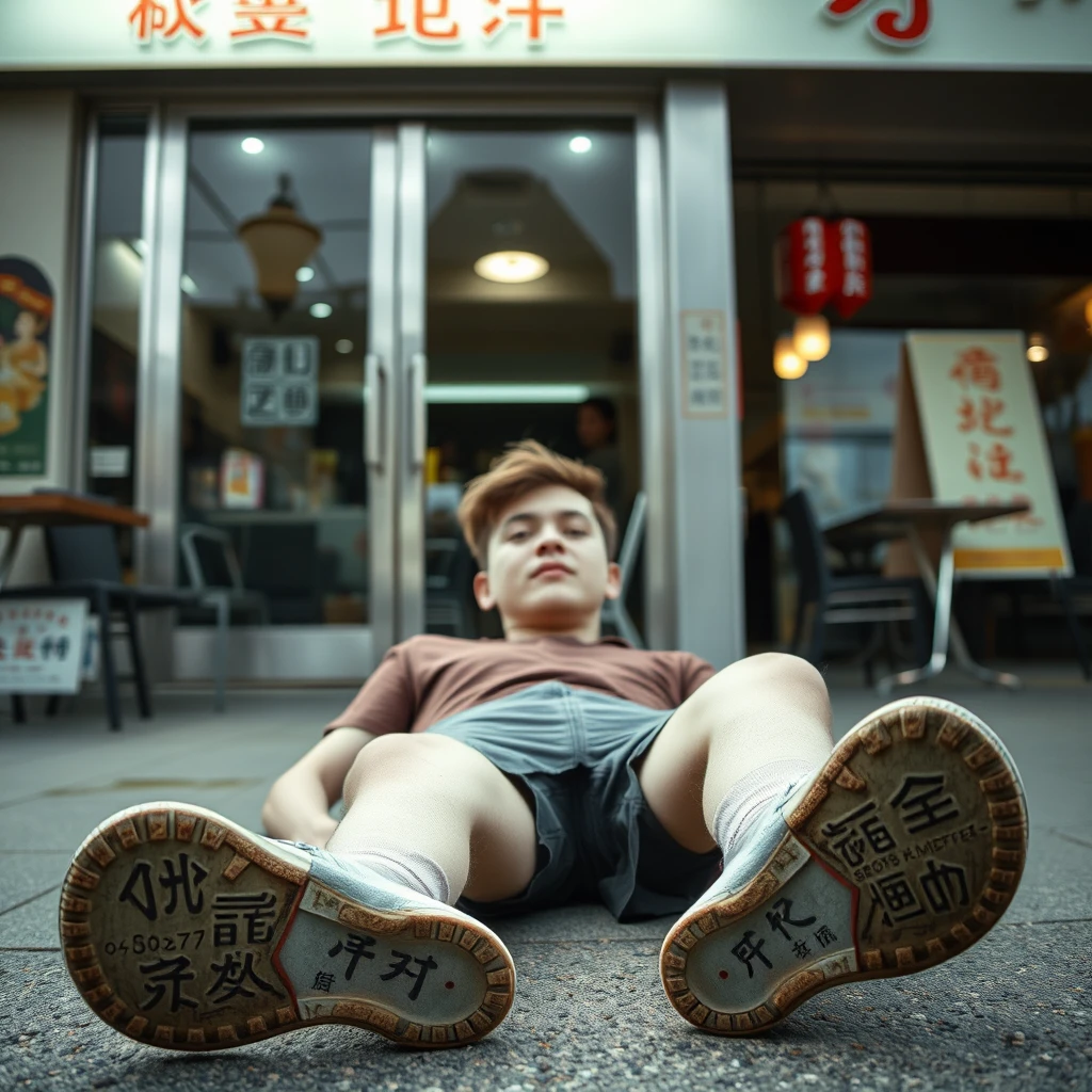 A young man with white skin is outside a restaurant. He is lying on the ground, and his shoes are visible, with Chinese characters on them. - Image