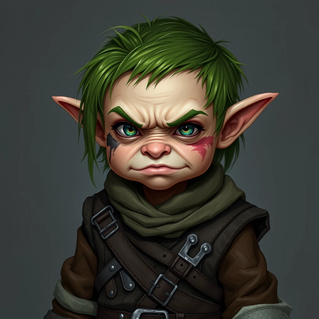 A small, green-haired, ugly halfling in a leather adventurer's outfit with a bruise on one cheek and a rough, untrustworthy demeanor. - Image