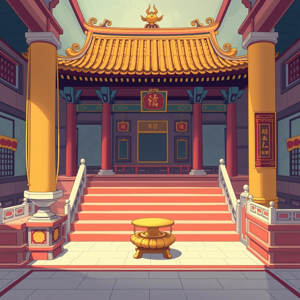 Cartoon style, minimalism, Japanese animation, high-definition 4k, rich details, indoor, Chinese architecture, hall, palace, Buddhist hall, sacred, steps, hall, golden jade brilliance, lotus base, lotus platform, fairyland, golden pillar, totem, overhead view, floor tiles, entrance, exit.