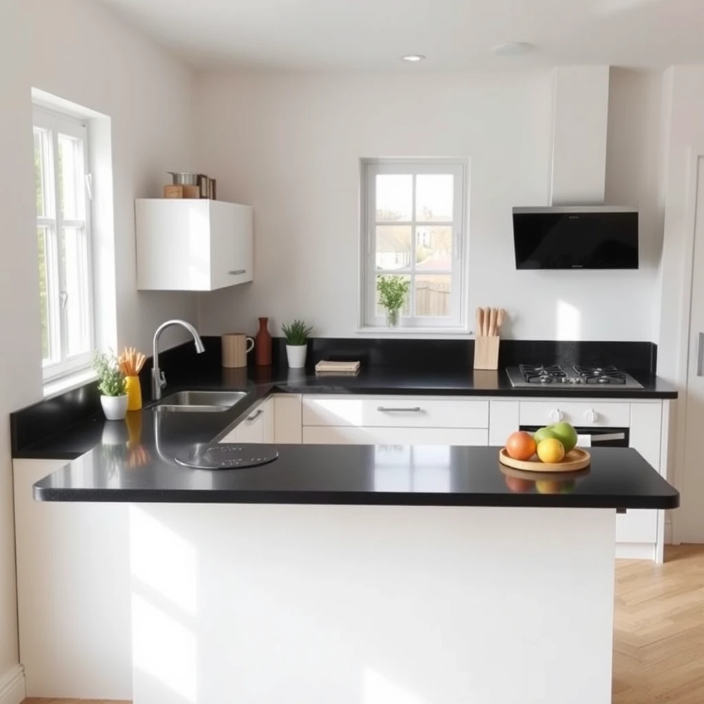 Minimalist and cheerful L-shaped kitchen platform in black granite counter, with sink in one corner, window on one wall and cooktop next to another wall, with space-saving storage ideas in a fresh style and color palette, spacious enough for 3 people working together. - Image