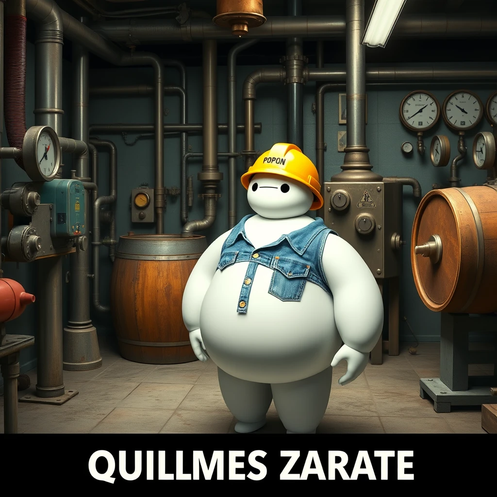 Baymax in a beer bottling plant surrounded by machinery, a barrel, gauges, dressed in a blue denim uniform and wearing a yellow helmet with the word POPON written on it, and below the photo the caption QUILMES ZARATE. - Image