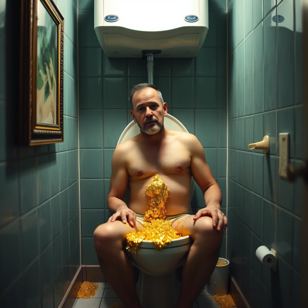 A man in the toilet shitting gold.