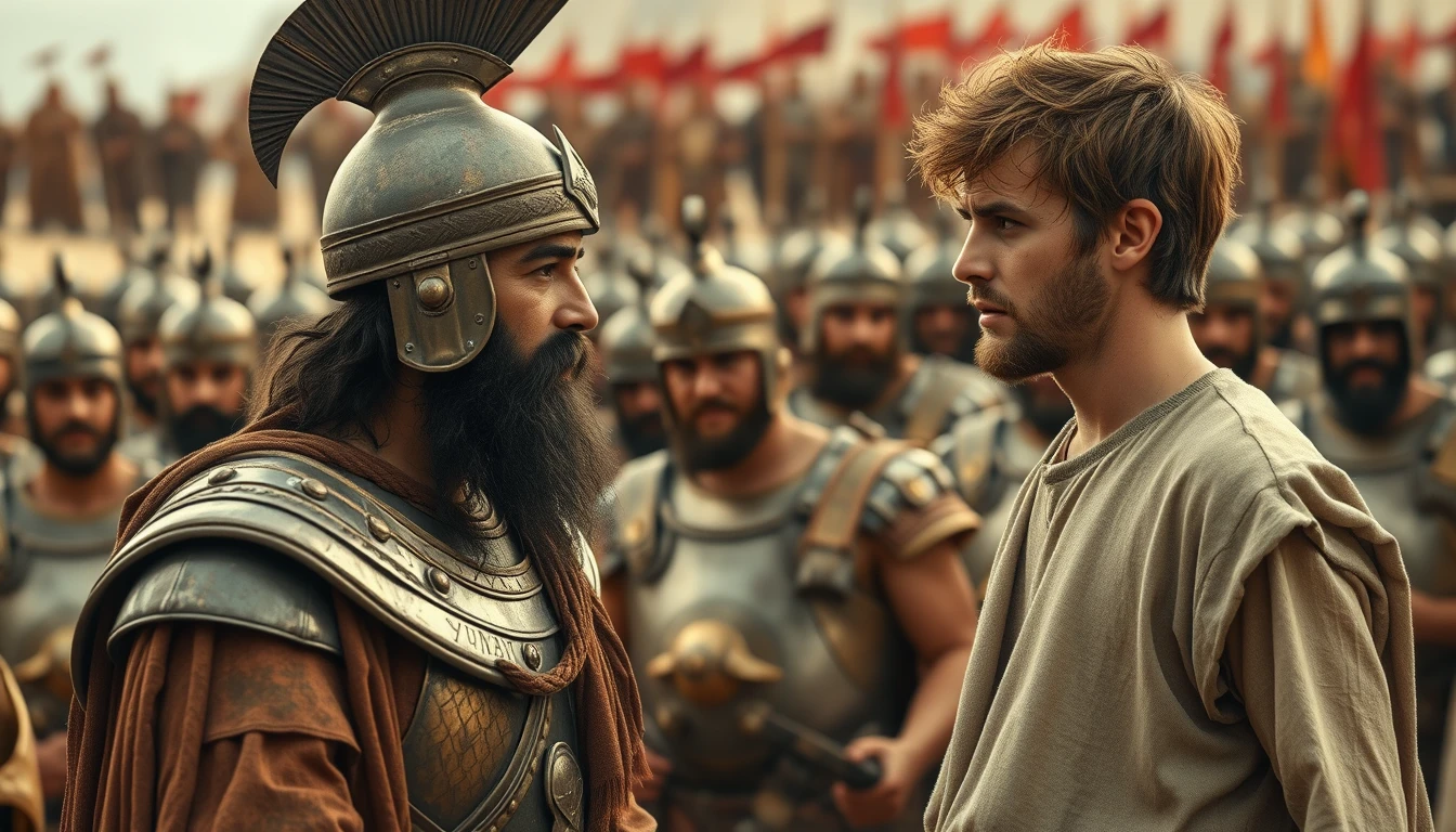 Create an image of two men arguing while onlookers crowd around. The man on the right is a young man with messy unkempt hair and a short beard, wearing just a simple biblical-era shepherd’s tunic. The young man looks very concerned and is gazing intently into the eyes of the man he is arguing with, gesturing with his right hand, palm facing skyward, as if he is explaining something to a middle-aged Mesopotamian king who has a black beard and is clad in a full suit of bronze-age Mesopotamian armor, with laminated strips of bronze and a conical helmet with a pointed tip. The background shows a blurred crowd of soldiers also wearing armor similar to the king’s. Standing on the horizon, further in the background, is a blurred front of a large biblical-era army.