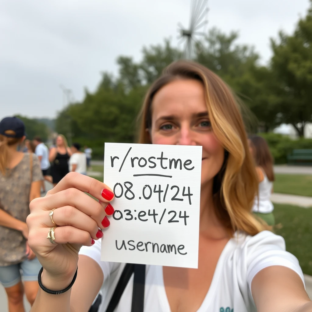 Selfie of a lady holding a handwritten small sign that says “r/roastme” “08/04/24” “username”