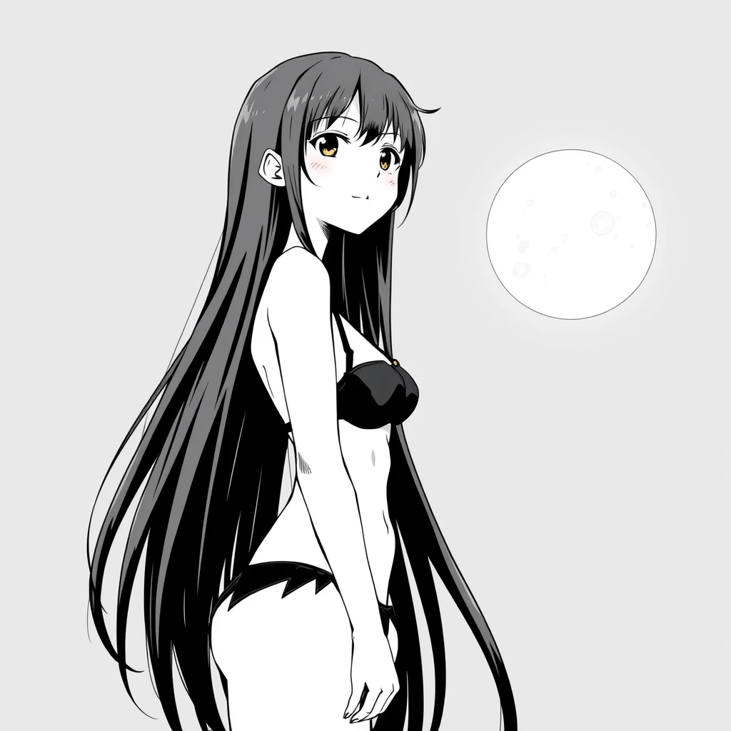 Girl with long, black hair in a black bikini. In the background, a black sky with a big, bright moon. Manga, grayscale.