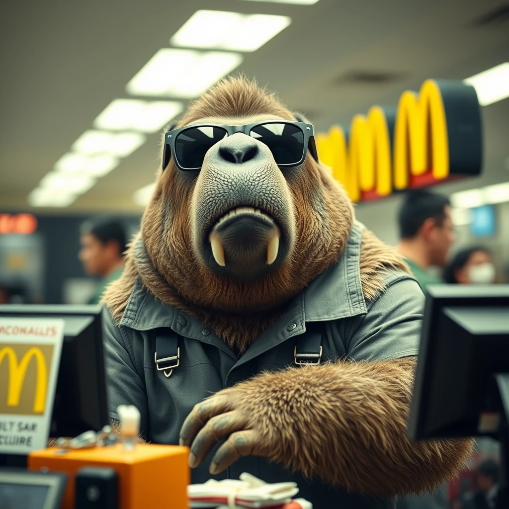 Walrus wearing sunglasses working register at McDonald’s - Image