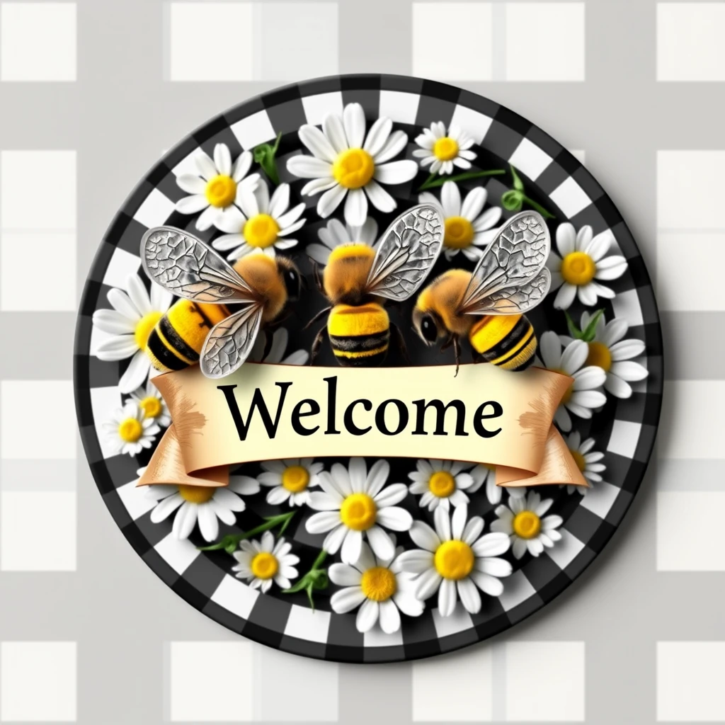 A vibrant circular 3D sticker design featuring detailed bees at the center, surrounded by white daisies with yellow centers. The background is a black and white checkered pattern, adding a touch of whimsy. The text "Welcome" is prominently displayed on a scroll-like banner across the middle, adding to the inviting and cheerful feel. The bees’ wings and bodies are intricately detailed, giving a realistic appearance—suitable for front door or garden decor, in the style of 3D rendering, low poly, hyper-realistic, vibrant colors, HD quality. - Image