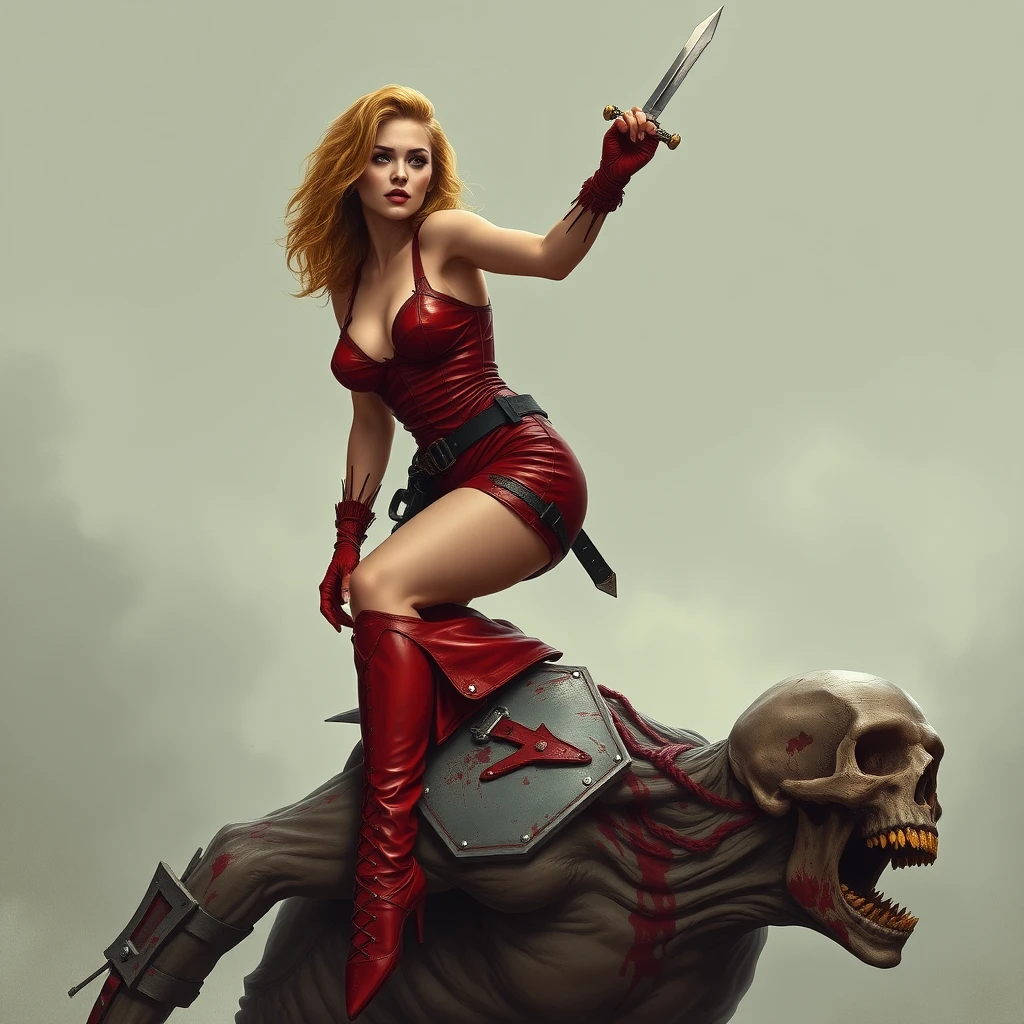 A tall mature woman in red sexy leather battle underwear rides on a zombie's shoulder with her legs open, as she stabs a dagger into the zombie's head, lineart. - Image