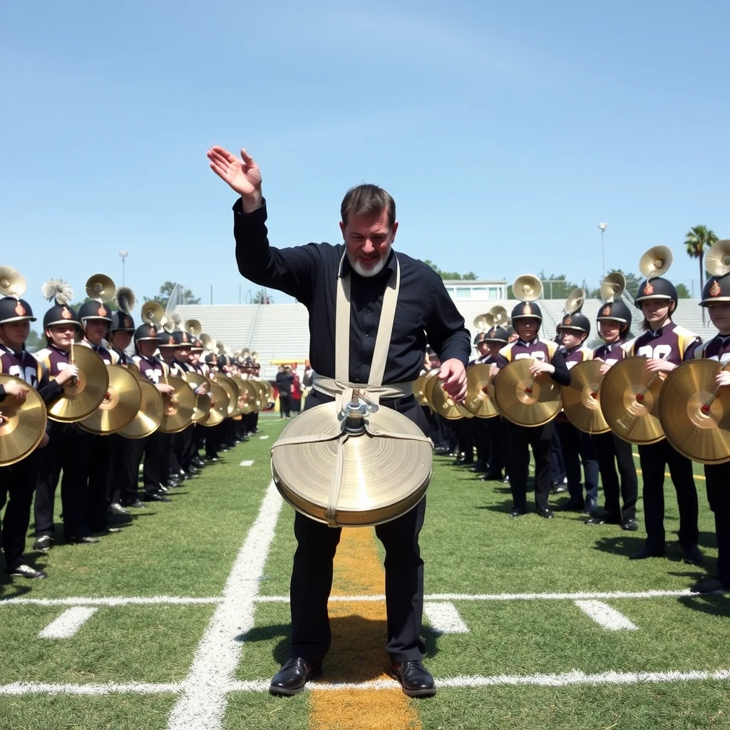 High school band cymbal section with insane instructor in straitjacket on football field.