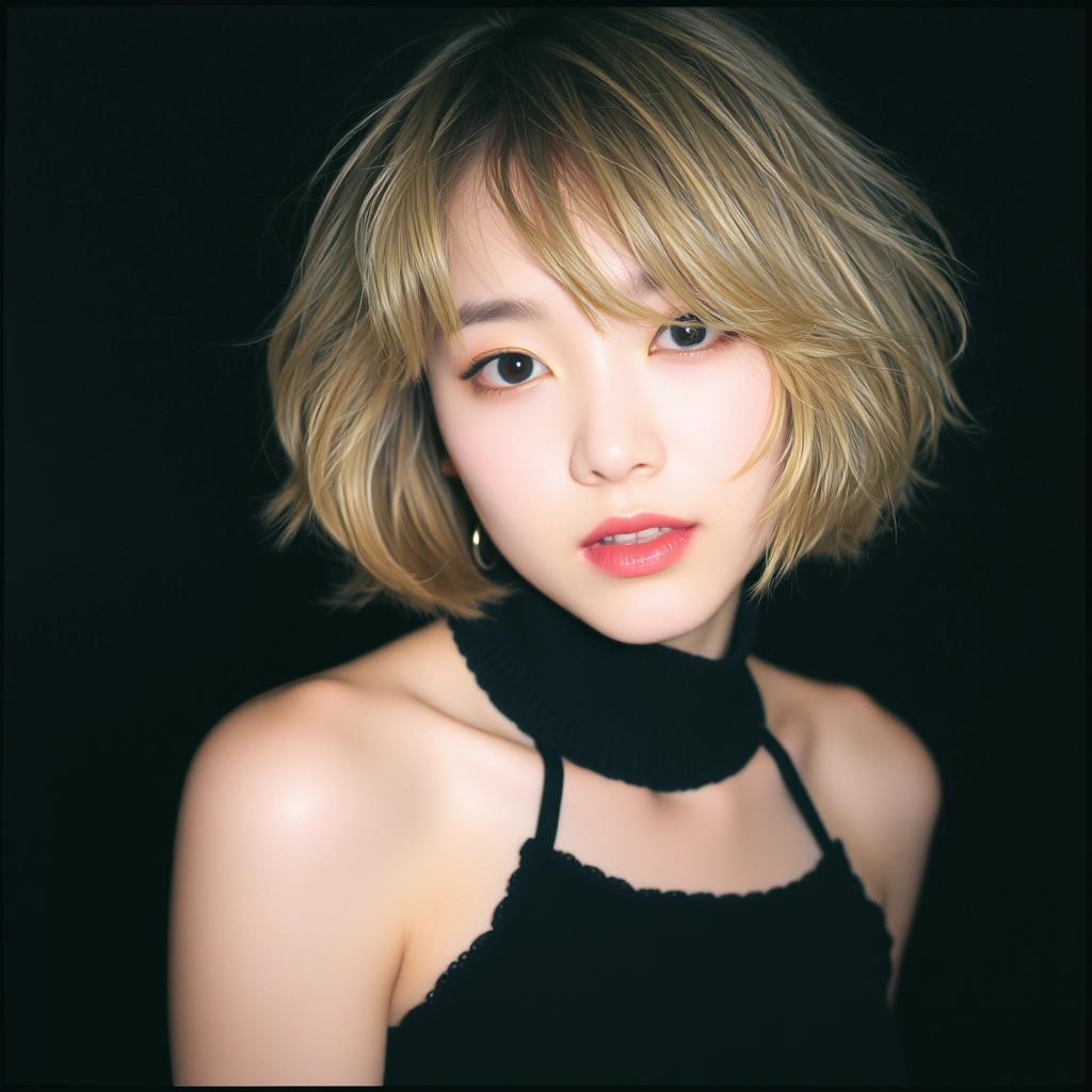 Korean beauty girl, xxmix_girl, 1 girl, fluffy short hair, dark theme, blonde hair, messy hair, film grain, fog, black theme Tyndall.