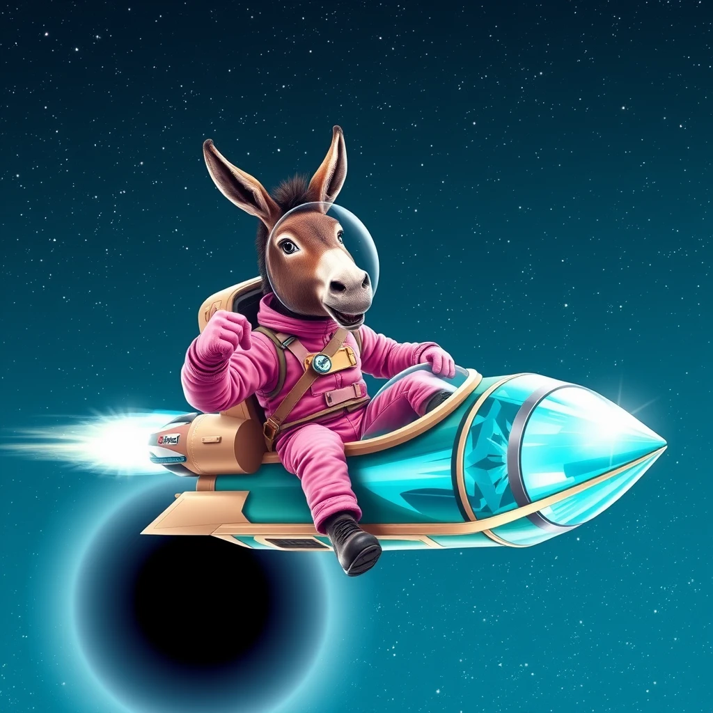 An ambitious donkey wearing pink astronaut costume, riding on a crystal stunning cyan spaceship, making a punching gesture, flying to the outerspace under a clear night sky with lots of shining stars, passing by a huge black-hole. Realistic style.