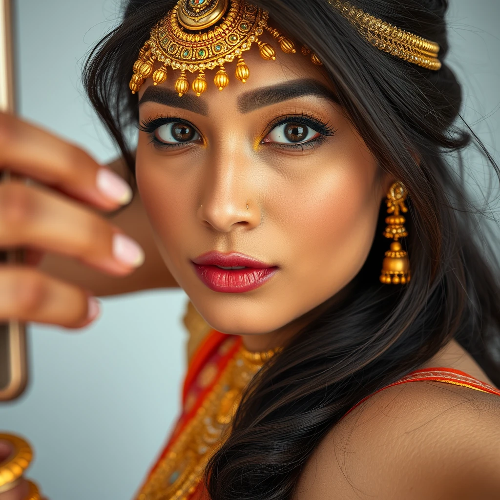 Selfie of a super muscular close-up body view of Indian-Japanese women wearing gold ornaments and clothes.