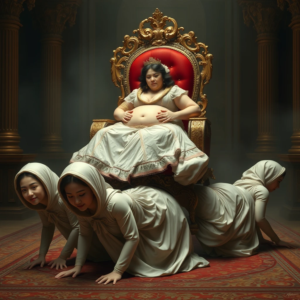 A group of palace maids crawled forward, bearing a luxurious throne on their backs, while the plump queen rested atop it. - Image