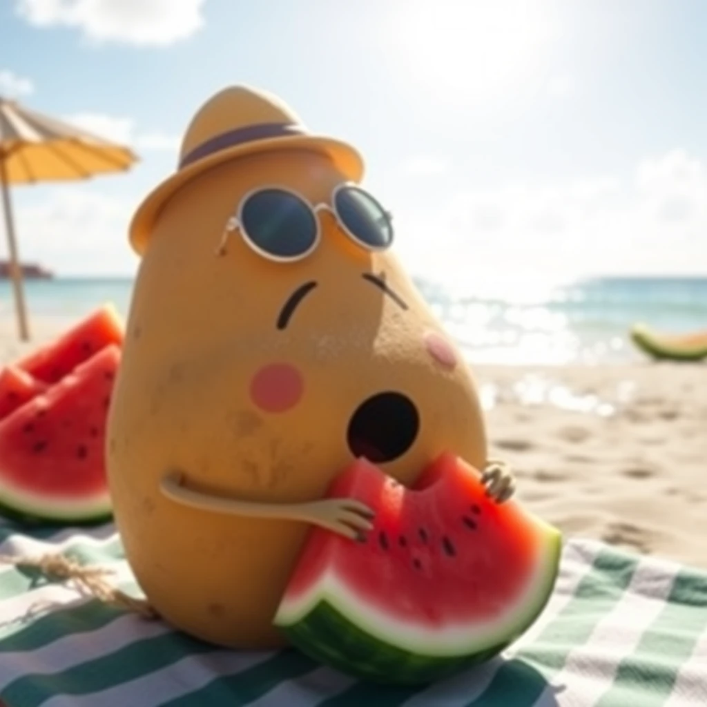 A potato having sun at the beach while eating some watermelon. - Image