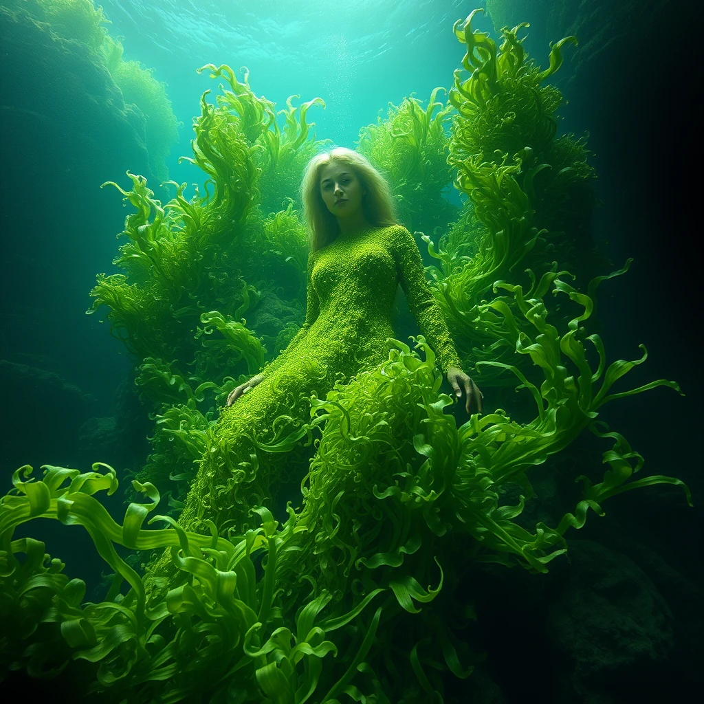 realistic green seaweed in the shape of a human woman - Image