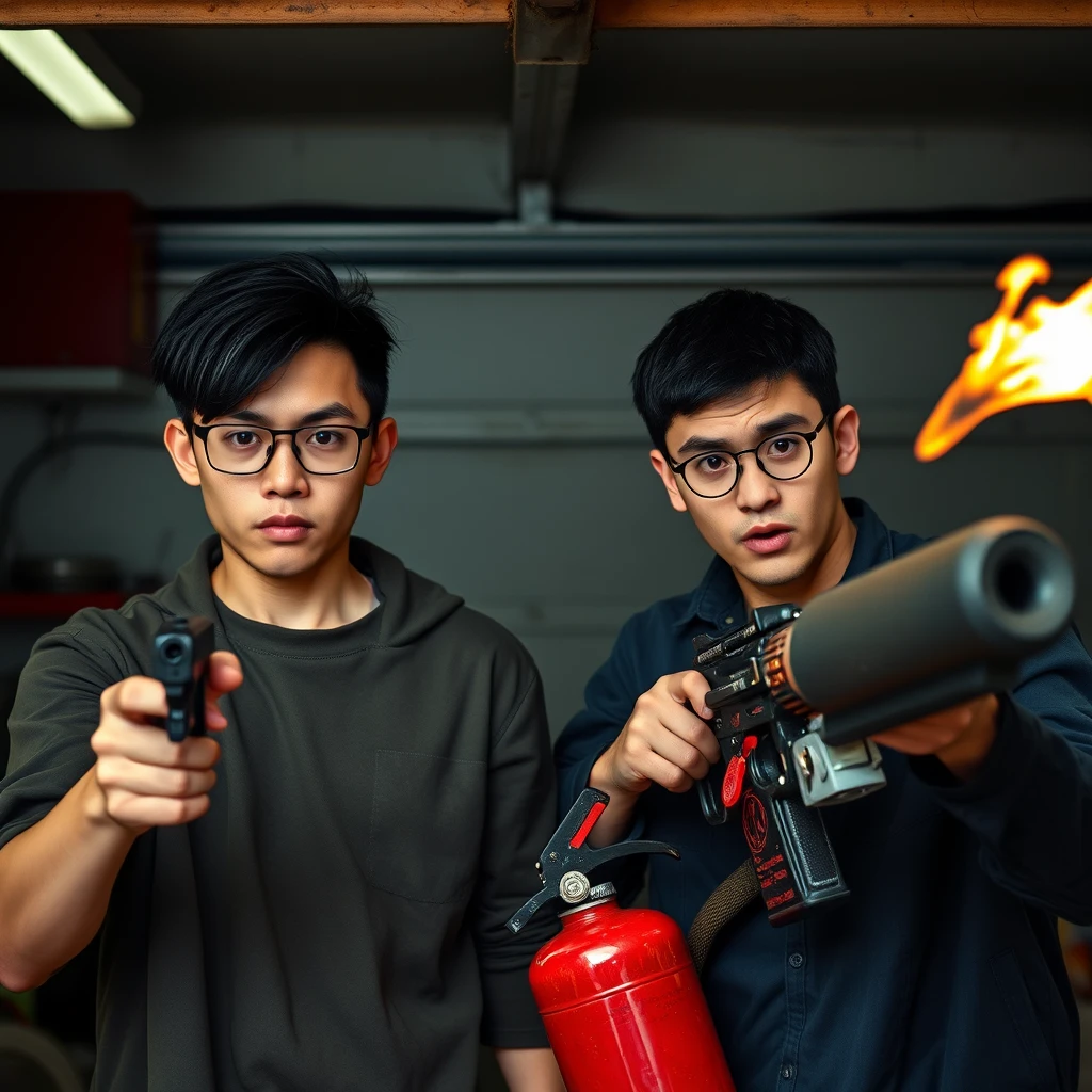 2 person setting, "21 year old northern Chinese man wearing square glasses, mid/long black mullet hair, holding pistol"; "21 year old white European Italian man wearing round glasses, short hair, holding very large fire extinguisher flamethrower", garage setting, both angry.