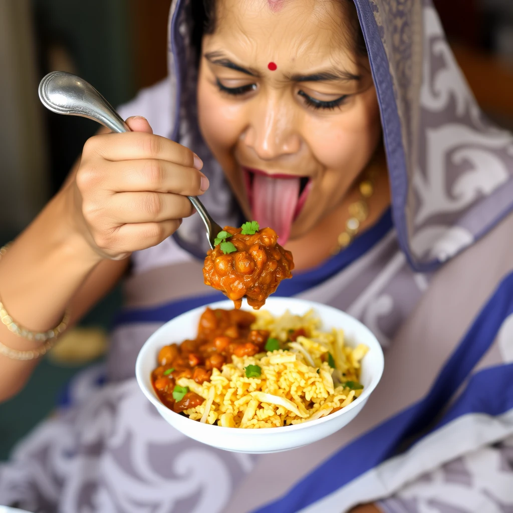 An Indian woman eating rajma chawal.