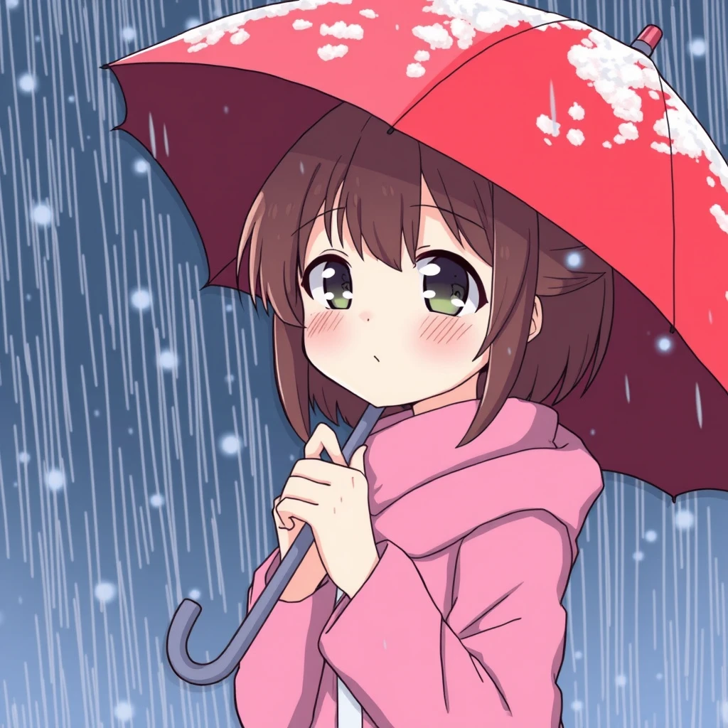 Anime character, holding an umbrella in the rain, temperature 1 degree, it is snowing.