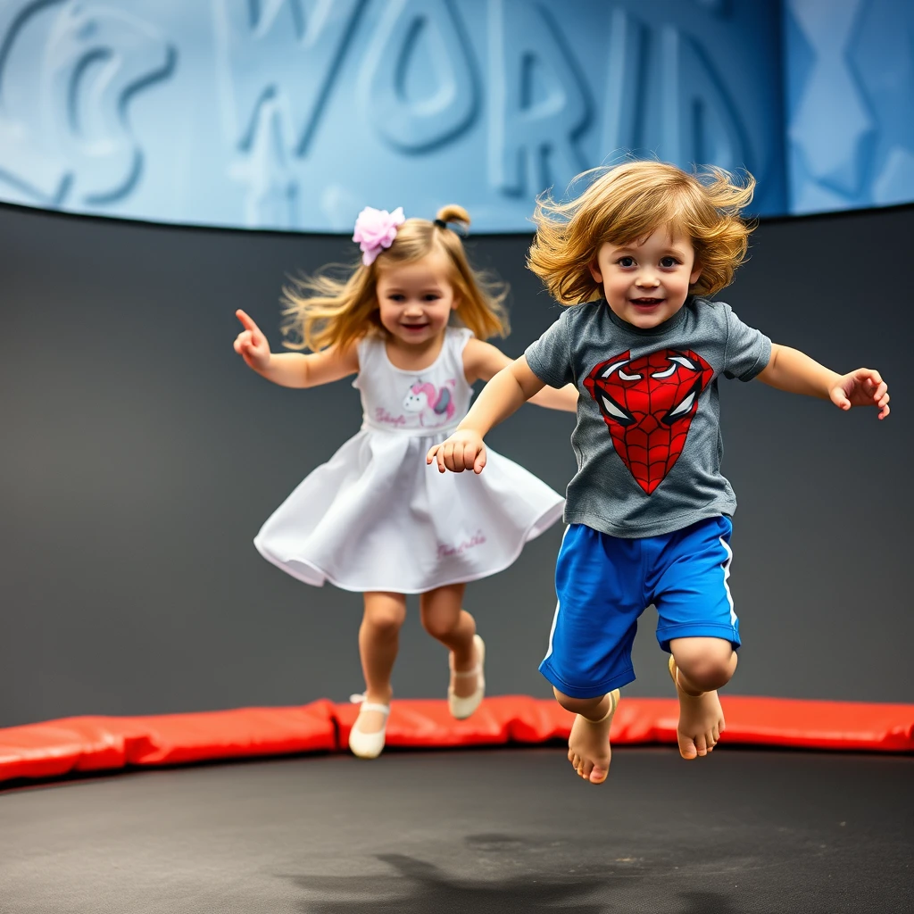 Four-year-old twins, a boy and a girl. Light brown hair and hazel eyes. Finnish looking. The boy has a Spider-Man t-shirt and football shorts. The girl has a unicorn dress. They are jumping on a trampoline in Ice World. - Image