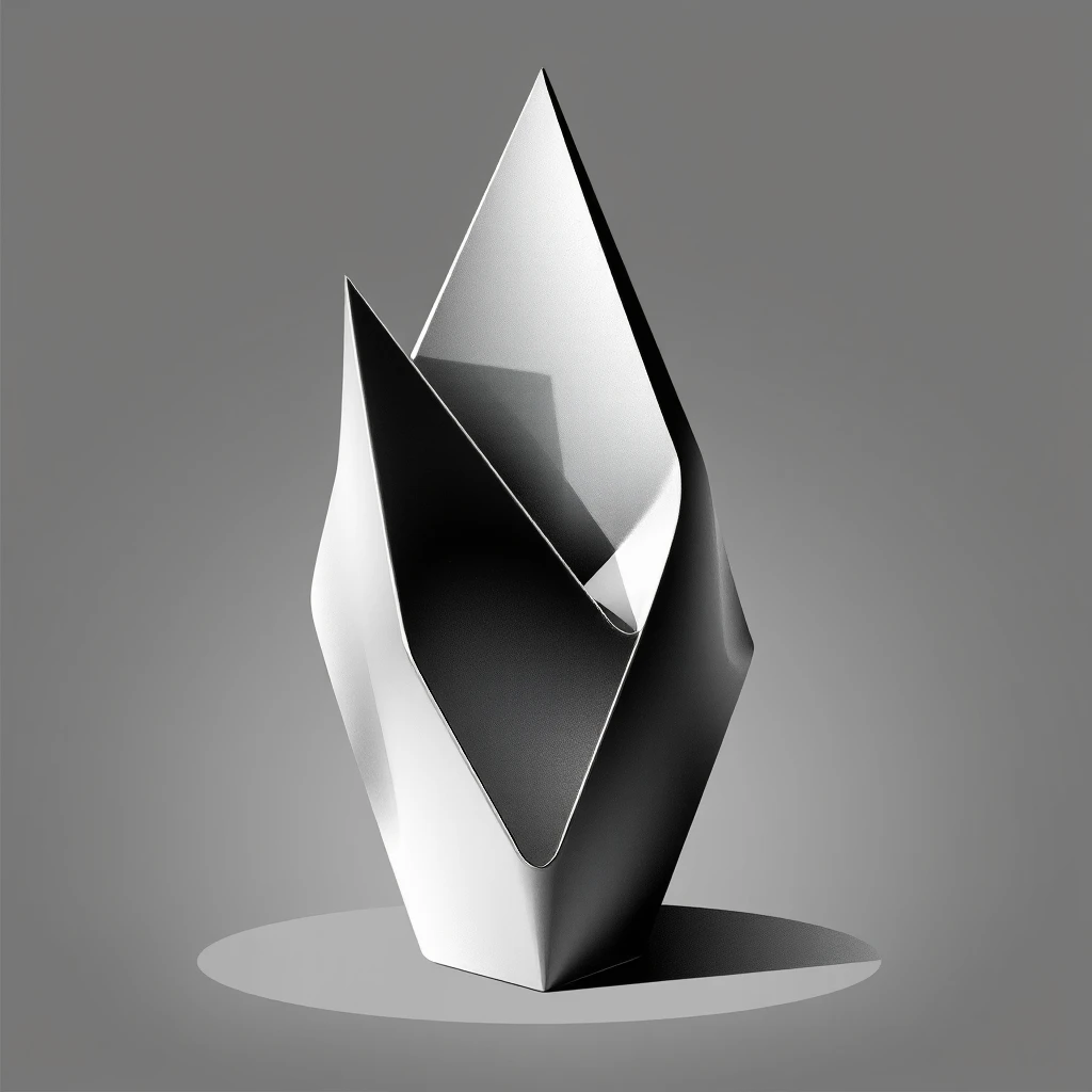 A monochromatic illustration of an abstract, geometric figure with sharp edges and a metallic sheen. The background is muted earth tones to highlight the sculpture's texture and form. This artwork symbolizes strength through simplicity in its use of negative space. - Image