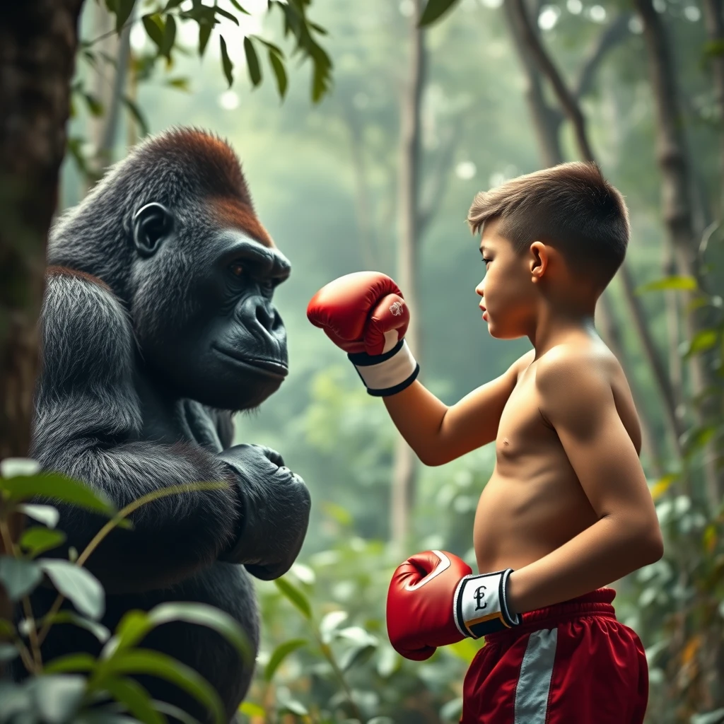 A teenager boxer 1.64m tall and weighing 54kg facing a gorilla in the forest.