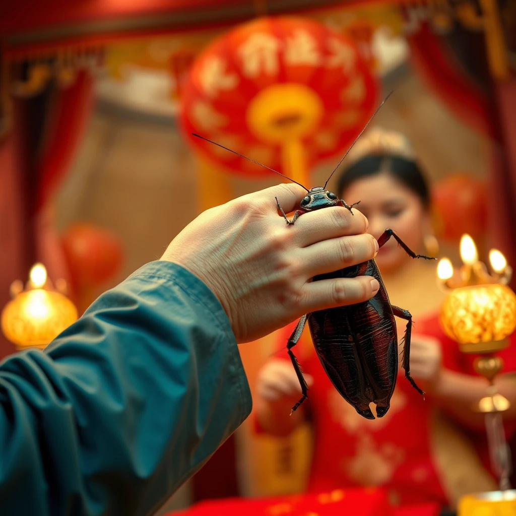 Chinese man holding hands with a large cockroach at a wedding altar. - Image