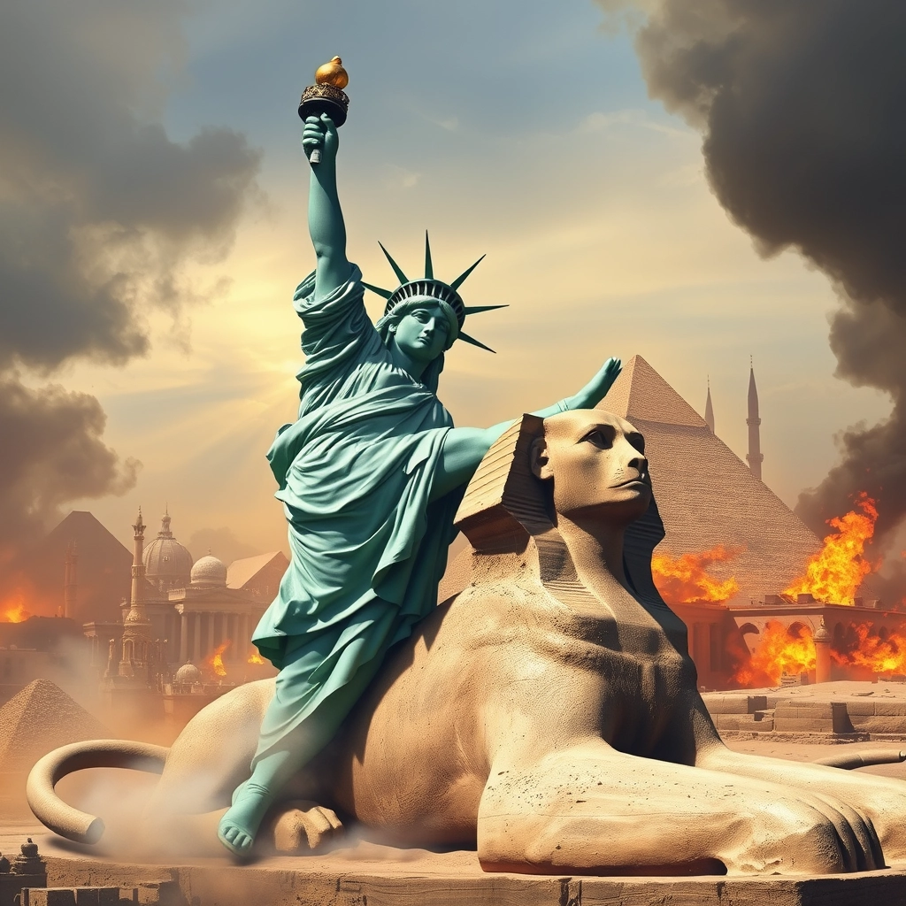 A realistic image of the Statue of Liberty kicking the Egyptian Sphinx, with Cairo in flames in the background. - Image