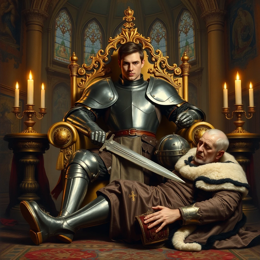 Oil painting, professional, masterpiece, highly detailed, sharp focus: A handsome and muscular usurper in heavy plate armor sits sprawled arrogantly on a golden throne in a medieval European palace. He is young, with a confident smirk and a gleam of ruthless ambition in his eyes. The armor is intricately crafted, reflecting the light from torches and highlighting the powerful physique beneath. He rests one hand on the armrest, the other on the pommel of a large sword resting across his lap. At his feet, a dethroned king kneels in supplication, clad in an ermine-trimmed robe now stained and torn. The king is older, his face etched with despair and defeat, his crown lying discarded nearby. He grasps the usurper's armored boot, his lips pressed against the cold steel in a gesture of abject submission. The throne room is opulent, with soaring vaulted ceilings, stained glass windows, and richly woven tapestries depicting scenes of past glories, now a stark contrast to the current scene of humiliation and power shift. The lighting is dramatic, casting long shadows that emphasize the stark power dynamic between the two figures.