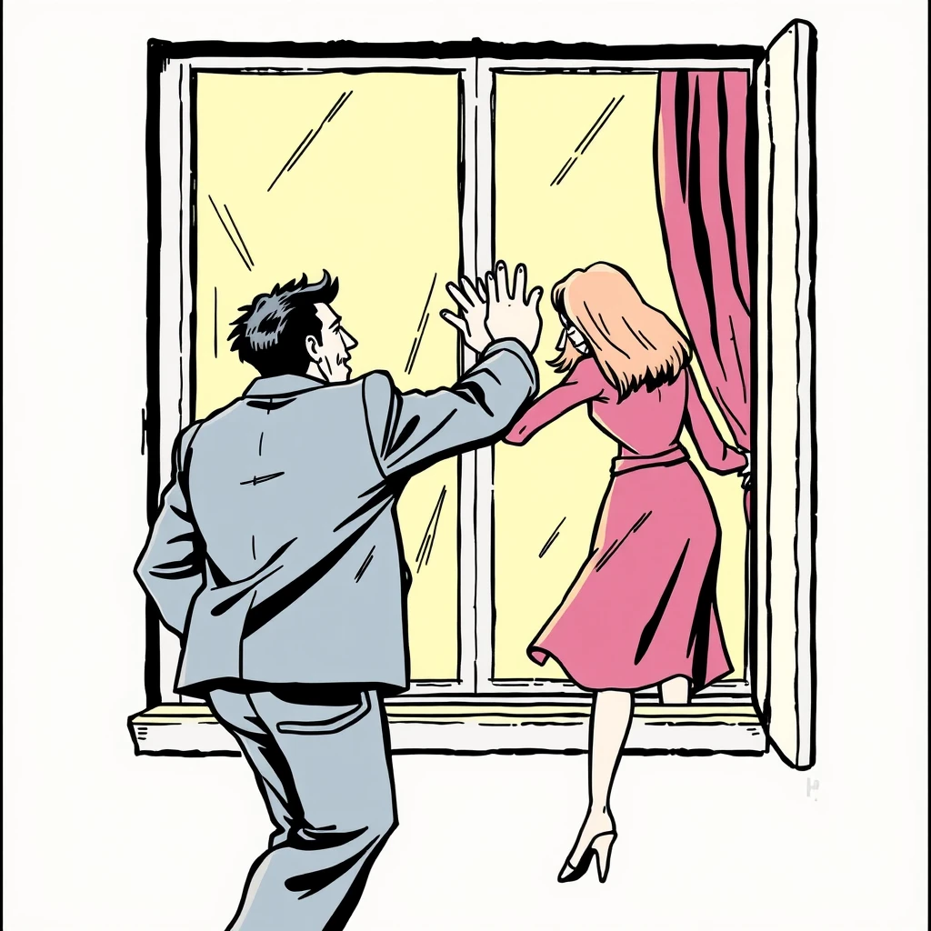 The man pushed a woman at the window.comic