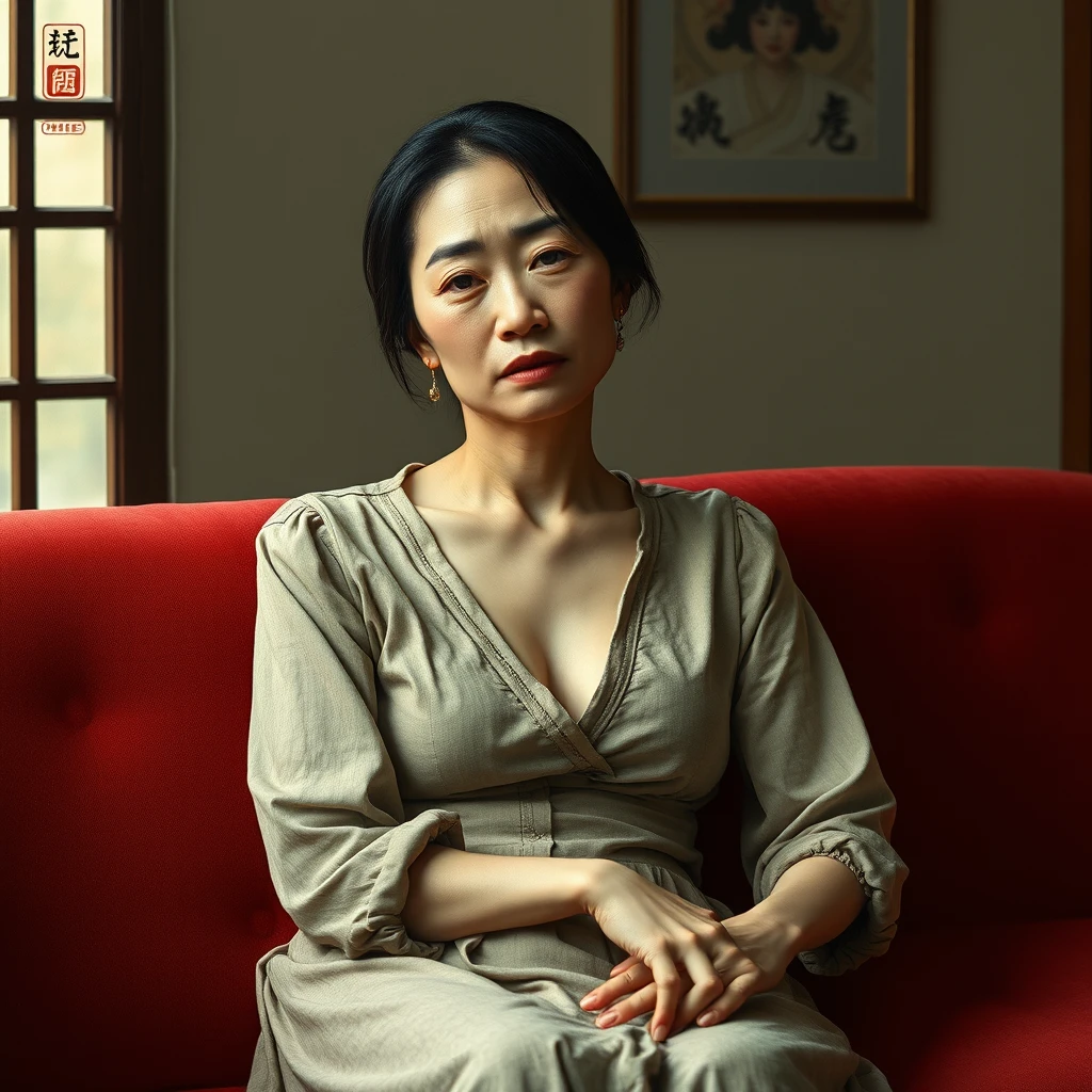 A chinese pale and gaunt lady sit on a red sofa, realistic style - Image