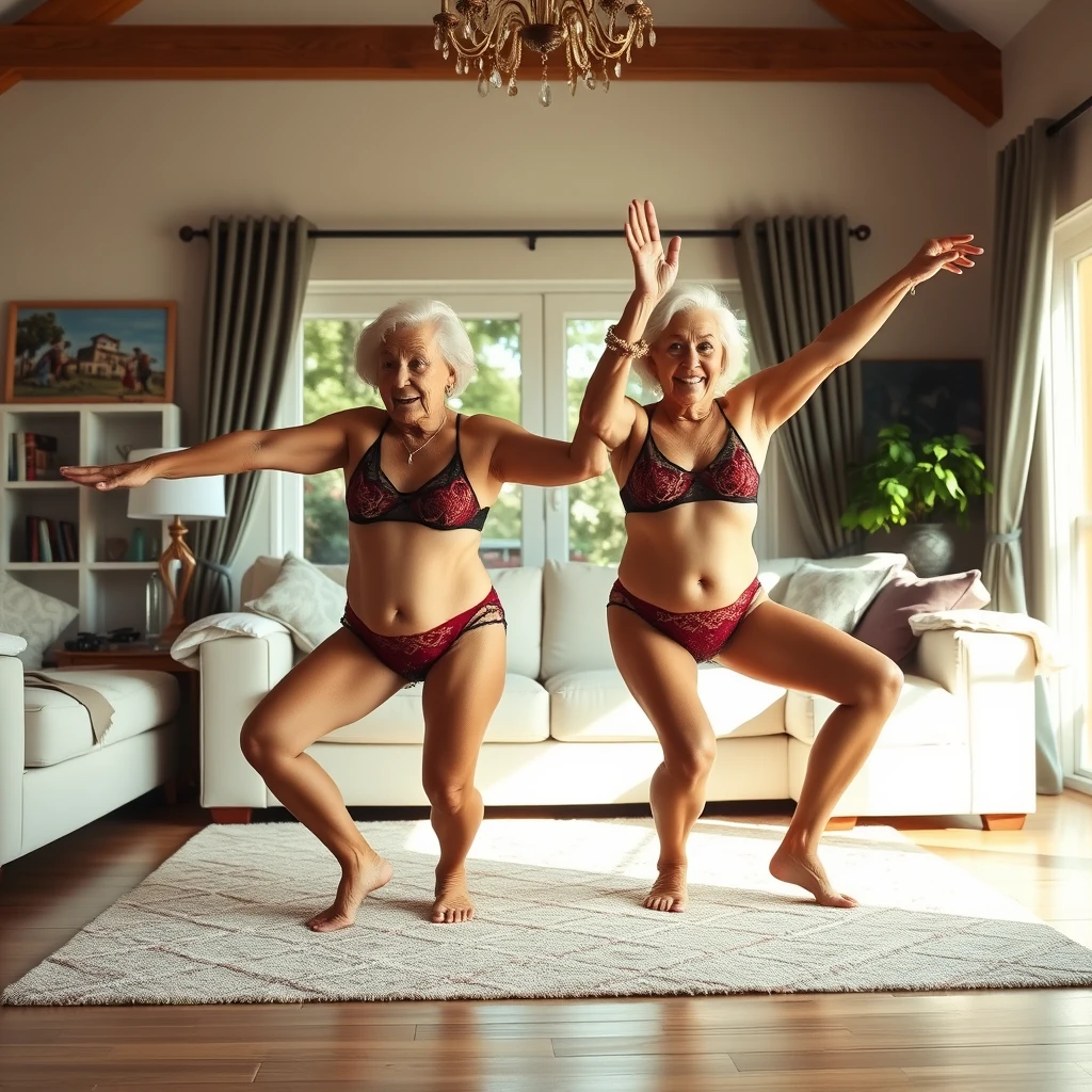 Women aged 80 in tiny lace bikinis doing the splits in a bright living room. - Image