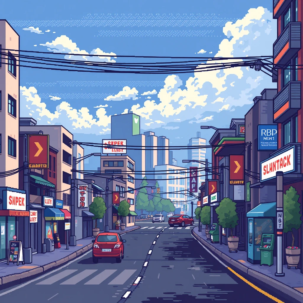 Urban streets, commercial streets, roads, pixel art, 2-bit